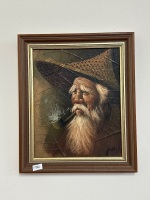 Asian Man Smoking a Pipe Mixed Media - signed by artist