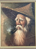 Asian Man Smoking a Pipe Mixed Media - signed by artist - 2