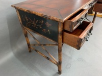 Theodore Alexander Indochine 5 Drawer Chinoiserie Bamboo Writing Desk with Leather Top and Decorated with Birds - 3