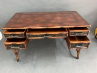 Theodore Alexander Indochine 5 Drawer Chinoiserie Bamboo Writing Desk with Leather Top and Decorated with Birds - 5