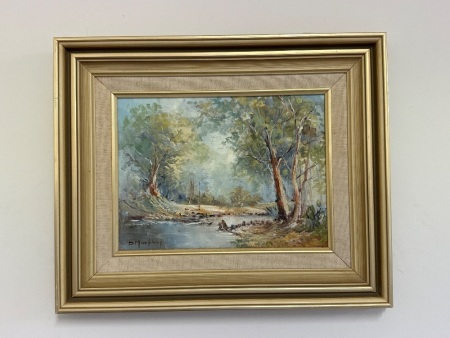 D Murphy - Trees on a River Bank Oil on Board