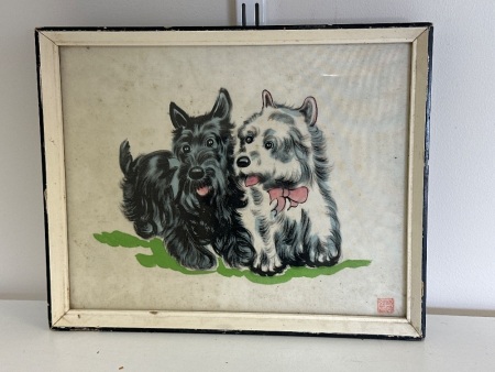 Two Dogs Silk Art - signed by artist