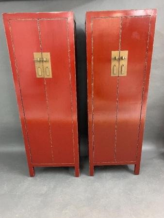 Pair of Tall Narrow Red Lacquered Timber Two Door Cupboards with Brass Fittings