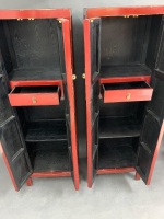 Pair of Tall Narrow Red Lacquered Timber Two Door Cupboards with Brass Fittings - 2