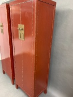 Pair of Tall Narrow Red Lacquered Timber Two Door Cupboards with Brass Fittings - 3