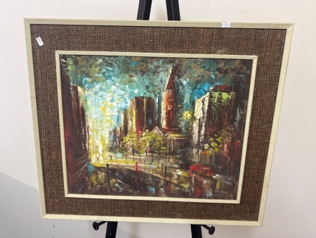 Abstract City Scene Oil on Board - signed by artist