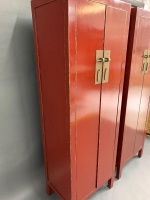 Pair of Tall Narrow Red Lacquered Timber Two Door Cupboards with Brass Fittings - 4