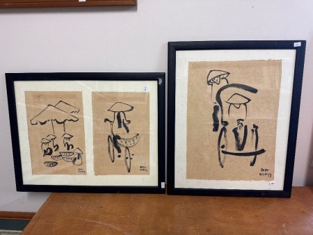 Abstract Asian Market Scenes Ink on Paper