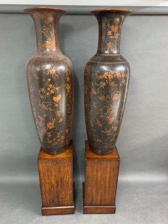 Pair of Very Tall Chinoiserie Laquerware Vases on Solid Timber Plinths - As Is