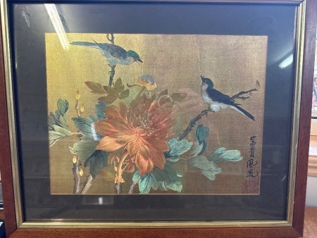 Bird Scene Silk Art - signed top right corner