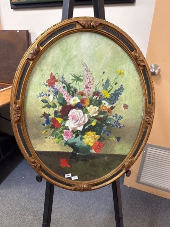 Colourful Flowers in Vase Oil on Board