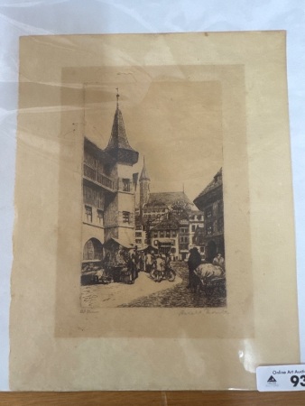 Etching Depicting European Town Scene