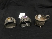 2 Sterling Silver Napkin Rings With Semi Precious Stone Insets & Antique Sterling Silver Miniature Pot