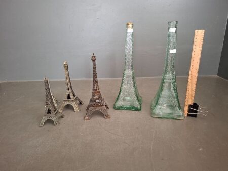 2 Eiffel Tower Glass Decanters + 4 Metal Eiffel Tower Statues