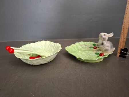 Vintage Wembley Ware Rabbit on Lettuce Leaf Plate with Carltonware Lettuce Bowl & Salad Servers