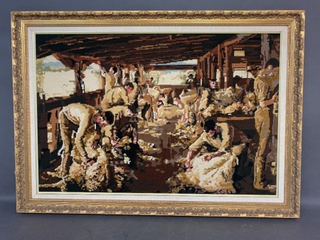 Large Gilt Framed Embroidery of Tom Roberts "Shearing the Rams"