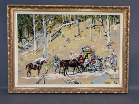 Large Gilt Framed Embroidery of Horses & Carriages