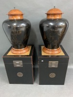 Pair of Large Laquerware Timber Lidded Urns on Square Laquered Timber Lift Lid Boxes with Brass Fittings