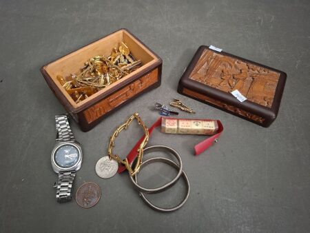 Wooden Carved Jewellery Box with Assortment of Pins, Cuff Links, Sleeve Holders, Seiko Watch and More