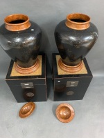 Pair of Large Laquerware Timber Lidded Urns on Square Laquered Timber Lift Lid Boxes with Brass Fittings - 2