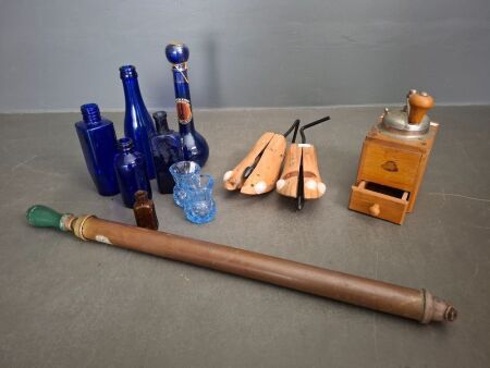&nbsp;Mixed Vintage Lot - Incs&nbsp;Pair of Wooden Shoe Stretchers, Vintage Coffee Grinder, Brass or Copper Pump Sprayer & Blue Bottles