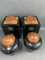 Pair of Large Laquerware Timber Lidded Urns on Square Laquered Timber Lift Lid Boxes with Brass Fittings - 3