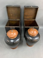 Pair of Large Laquerware Timber Lidded Urns on Square Laquered Timber Lift Lid Boxes with Brass Fittings - 4