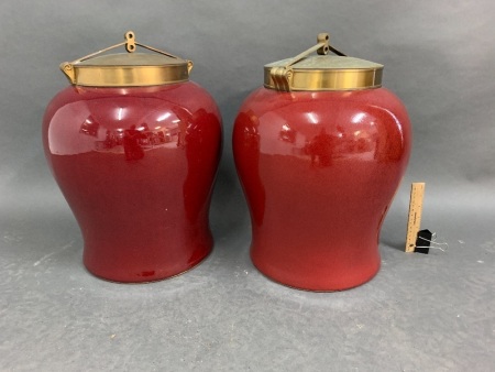 Pair of Large Ceramic Rice Storage Urns with Brass Top & Fittings