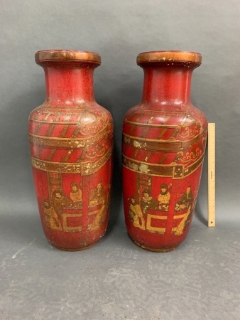Pair of Large Floor Standing Red Chinoiserie Laquered Urns - As Is