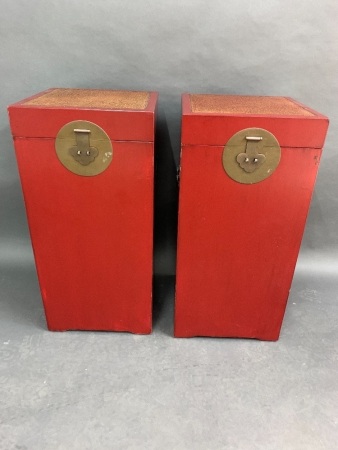 Pair of Large Red Lacquered Timber Lift Lid Storage Boxes with Brass Fittings