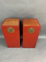 Pair of Large Red Lacquered Timber Lift Lid Storage Boxes with Brass Fittings - 2