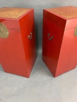 Pair of Large Red Lacquered Timber Lift Lid Storage Boxes with Brass Fittings - 4