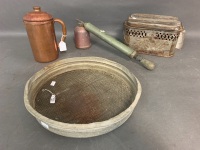 Asstd Lot inc. French Carriage Foot Warmer, Copper Jug, Riddle Etc