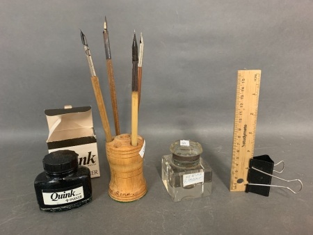 Vintage Glass Ink Well, Calligraphy Pens in Holder + Ink