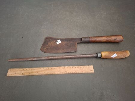 Meat cleaver and butchers steel
