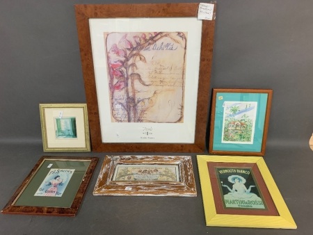 Selection of Small Framed Vintage Postcards/Adverts + 1 Larger Floral Print