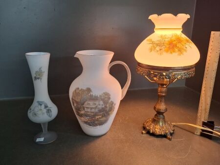 Vintage Brass Lamp with Milk Glass Shade - Incs Frosted Glass Vase & Pitcher&nbsp;