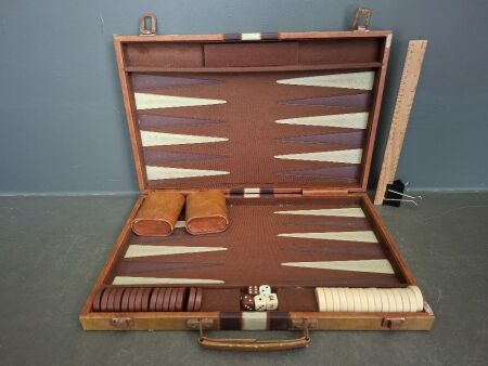 Brown Leatherette Backgammon Game Set - complete