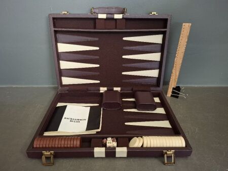 Brown Leatherette Backgammon Game Set - complete