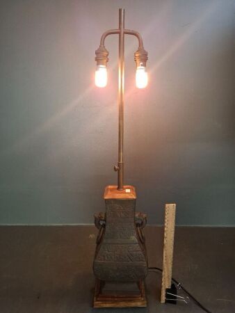 Vintage Asian Brass Lamp with Wooden Base