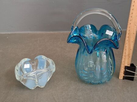 Vintage Handblown Blue Art Glass Basket & Frosted Glass Ashtray