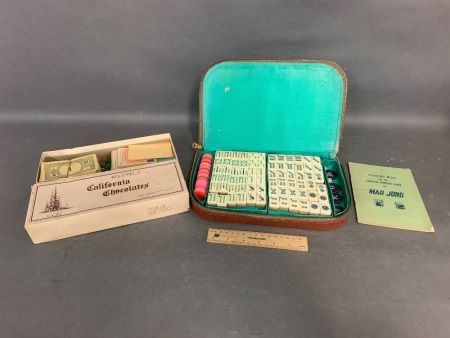 Vintage Bamboo Based Mahjong Set in Leather Case + Monopoly Pieces (No Board)