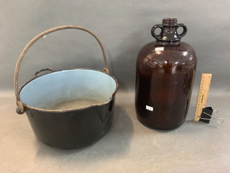 Vintage Enamelled Iron Cooking Pot + Brown Glass Demi-John