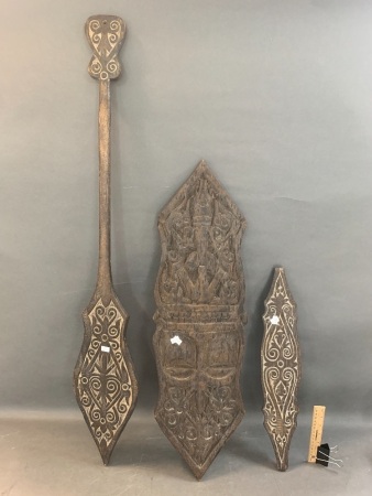 3 Tribal Carvings inc. Mask, Paddle, Small Shield