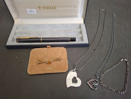 Parker Fountain Pen - 2 Necklaces - Silver Bracelet & Gold Toned Brooch