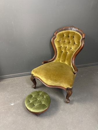 Antique Victorian Grandmother Upholstered Chair with Foot Stool