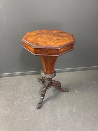 Late Victorian Ladies Work Table Walnut & Satinwood Inlay with Octagonal Top & Carved Tripod Base - app 720H