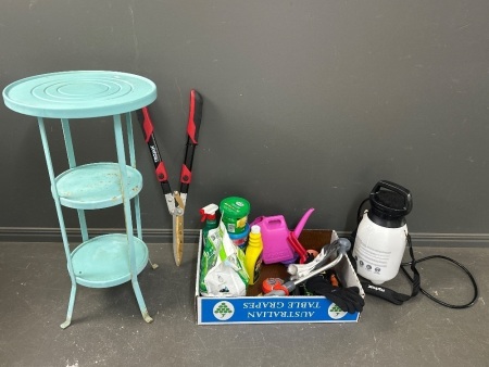 Large lot of Gardening Equipment & Tools, inc. Metal Plant Stand