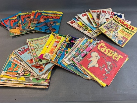 Box of Vintage Comics inc. Phantom. MAD, Mickey Mouse, Archie - App. 90 in Total