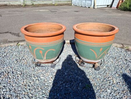 Pair terracotta garden pots with green glaze